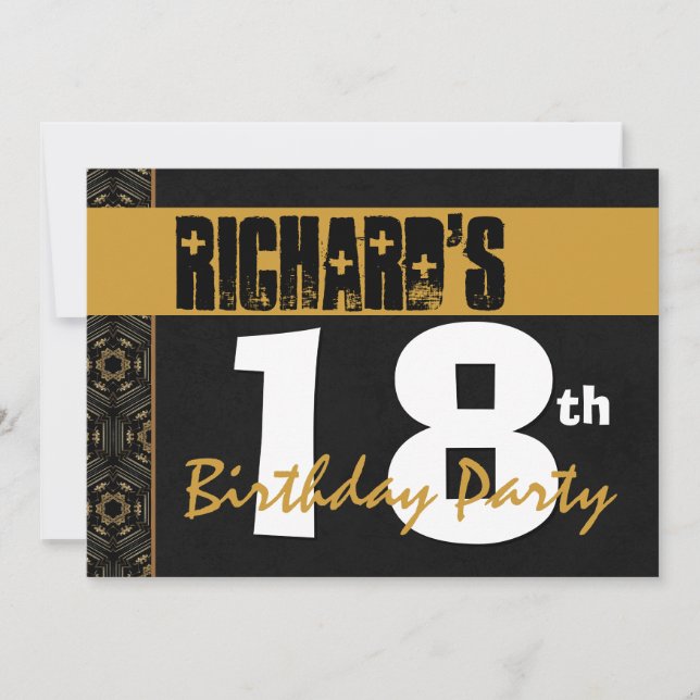 Invitación Fiesta de cumpleaños 18: Oro moderno y negro 2B7 (Anverso)