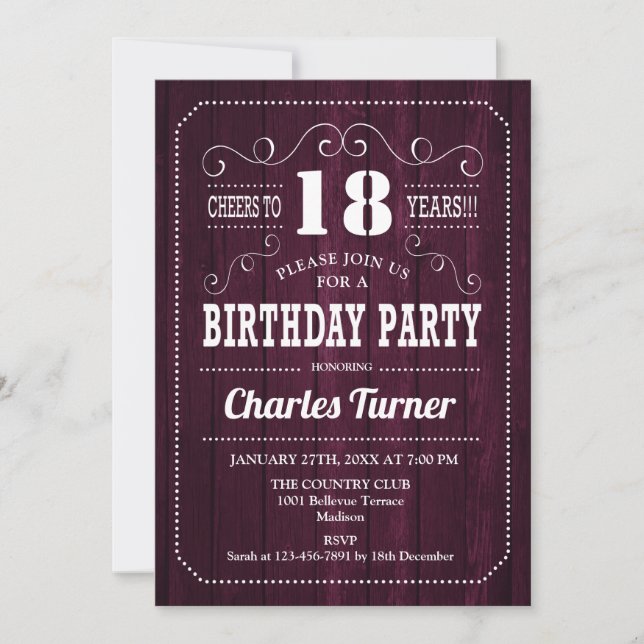 Invitación Fiesta de cumpleaños 18 - Patrón de madera de Borg (Anverso)