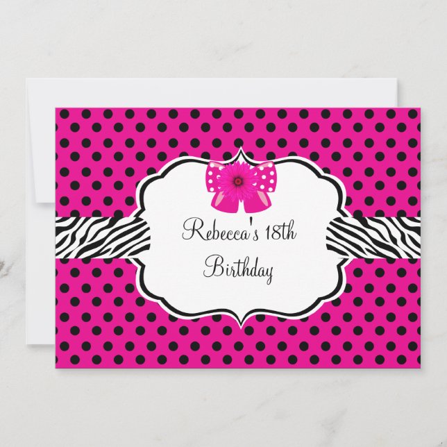 Invitación Fiesta de cumpleaños 18 Pink Spot Cebra Flor rosa (Anverso)