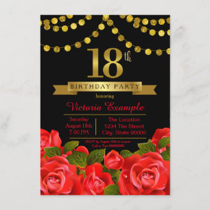 Invitación Fiesta de cumpleaños 18 Red Black Gold Red Rose