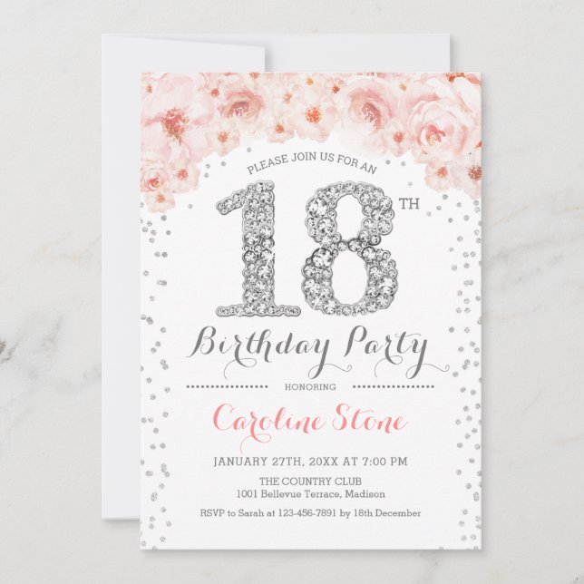 Invitación Fiesta de cumpleaños 18 - Rosa Plata Blanca (Anverso)