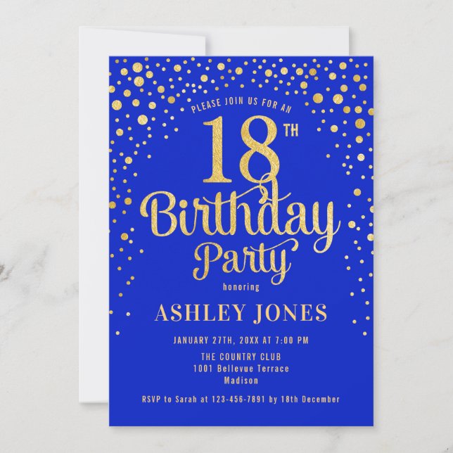 Invitación Fiesta de cumpleaños 18 - Royal Blue & Gold (Anverso)