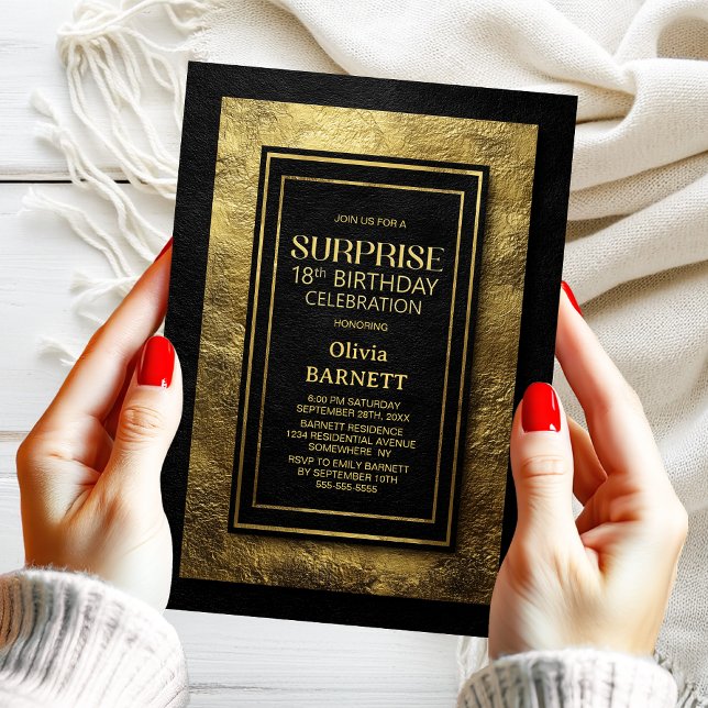 Invitación Fiesta de cumpleaños 18 sorpresa de oro negro (Subido por el creador)