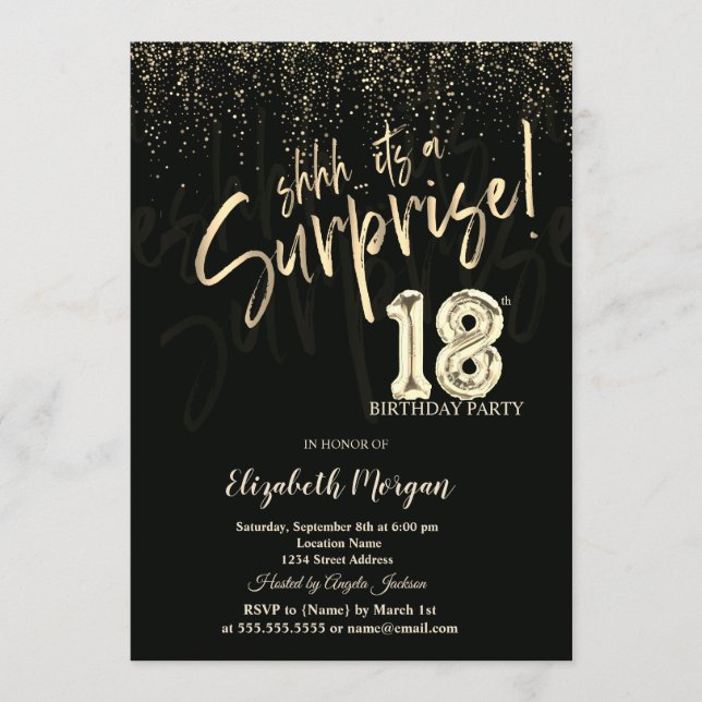 Invitación Fiesta de cumpleaños 18 sorpresa dorada festiva (Anverso)