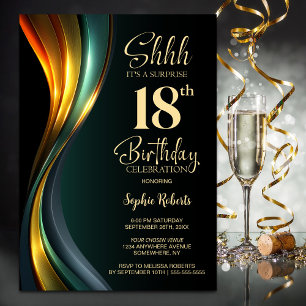 Invitación Fiesta de cumpleaños 18 sorpresa negra y dorada mo