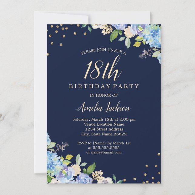 Invitación Fiesta de cumpleaños 18 Sparkle Floral Azul (Anverso)