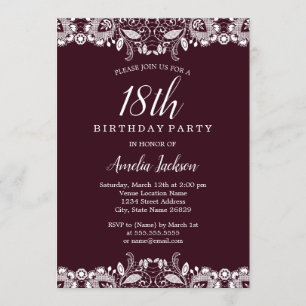 Invitación Fiesta de cumpleaños 18 Vintage Burgundy de encaje