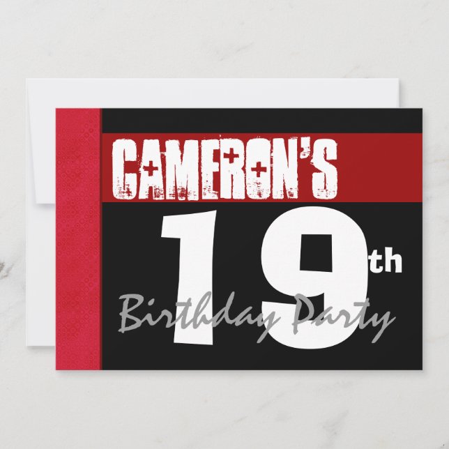 Invitación Fiesta de cumpleaños 19: Blanco y negro rojo moder (Anverso)
