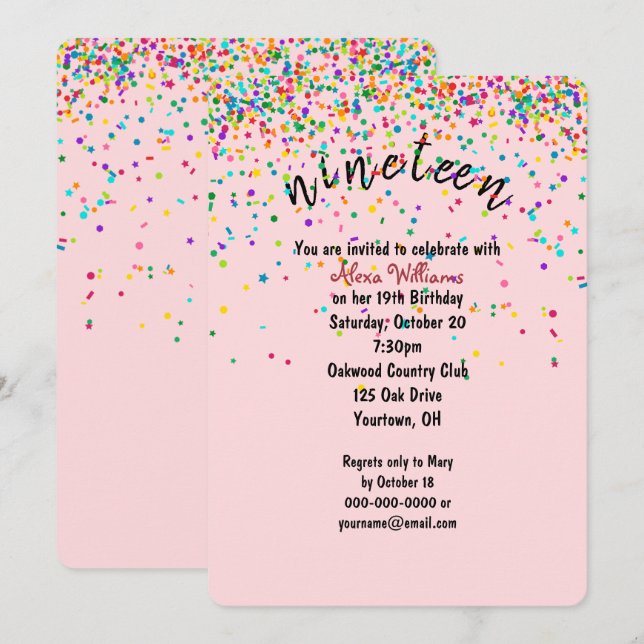Invitación fiesta de cumpleaños 19 de confetti (Anverso / Reverso)
