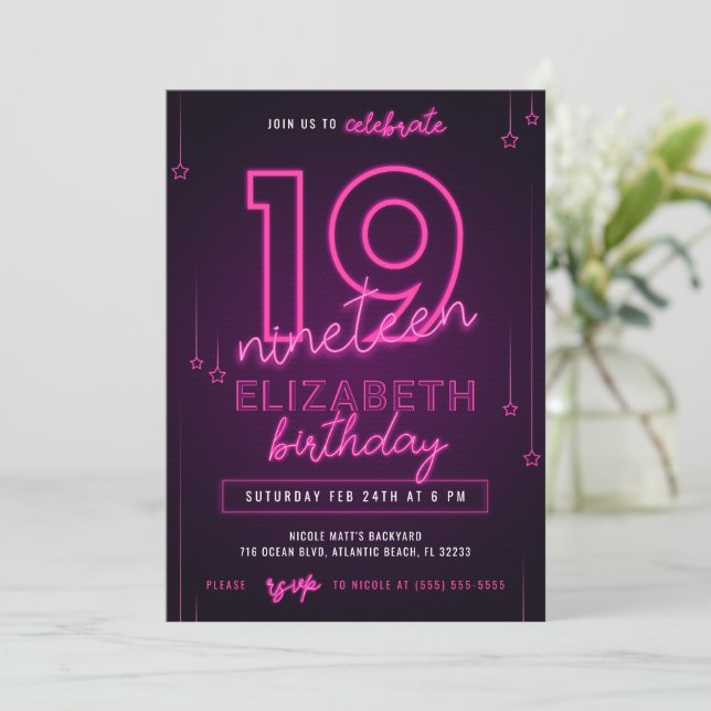 Invitación Fiesta de cumpleaños 19 de Neón Rosado Hagamos la  (Anverso de pie)