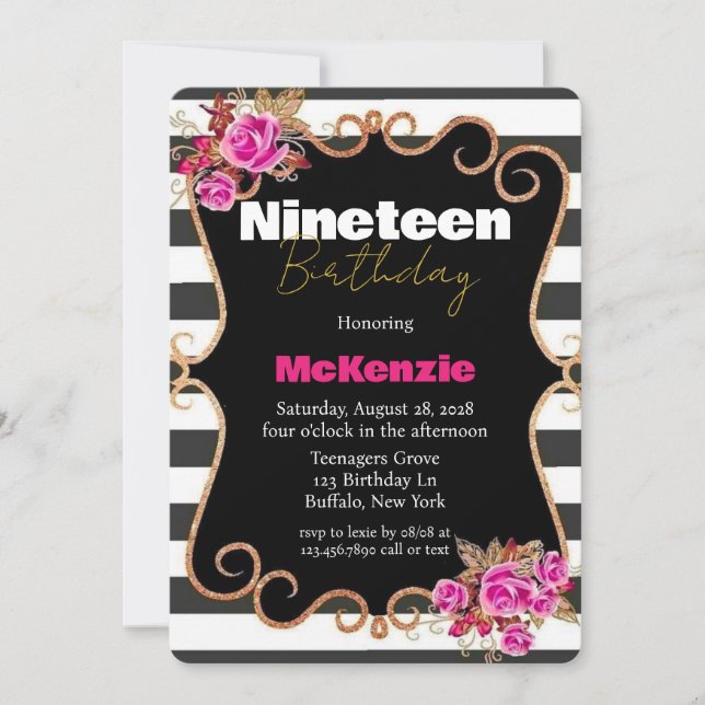 Invitación Fiesta de cumpleaños 19 de niña con rosas rosadas  (Anverso)