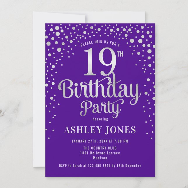 Invitación Fiesta de cumpleaños 19 - Morado y Plata (Anverso)