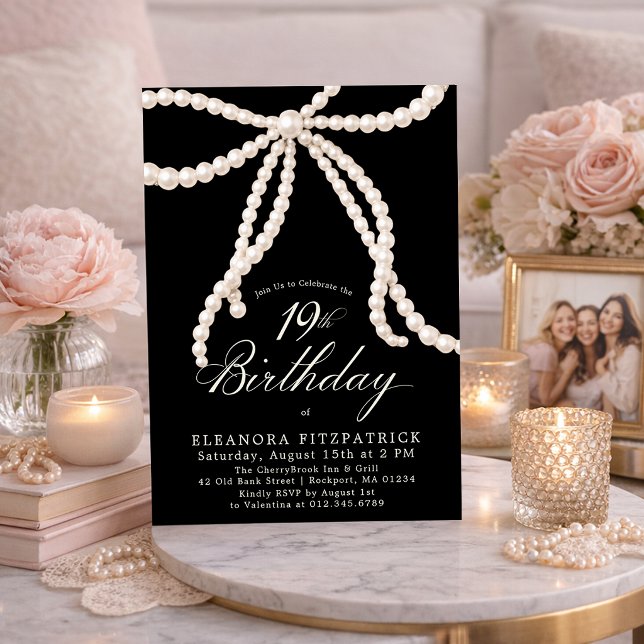Invitación Fiesta de cumpleaños 19 negro blanco lazo de perla (Subido por el creador)
