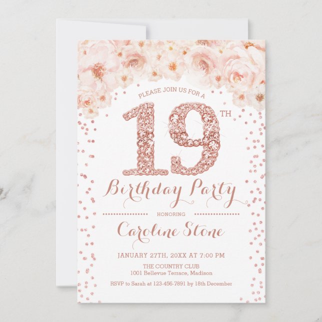 Invitación Fiesta de cumpleaños 19 - Oro rosa blanco (Anverso)
