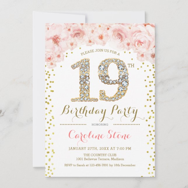 Invitación Fiesta de cumpleaños 19 - Rosa de oro blanco (Anverso)
