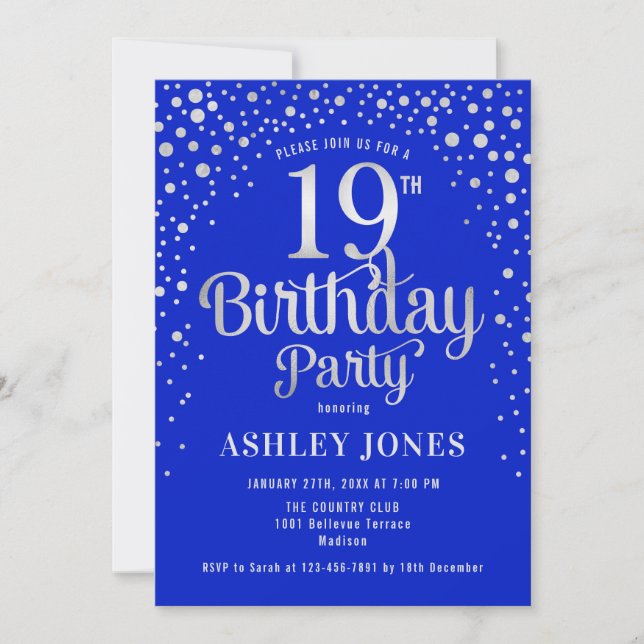 Invitación Fiesta de cumpleaños 19 - Royal Blue & Silver (Anverso)