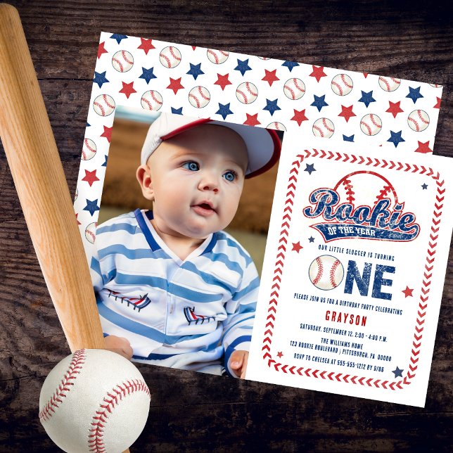 Invitación Fiesta de cumpleaños 1.ª foto del Frente Rookie de (Baseball Rookie of the Year Boy's 1st Birthday Party Photo Invitation)