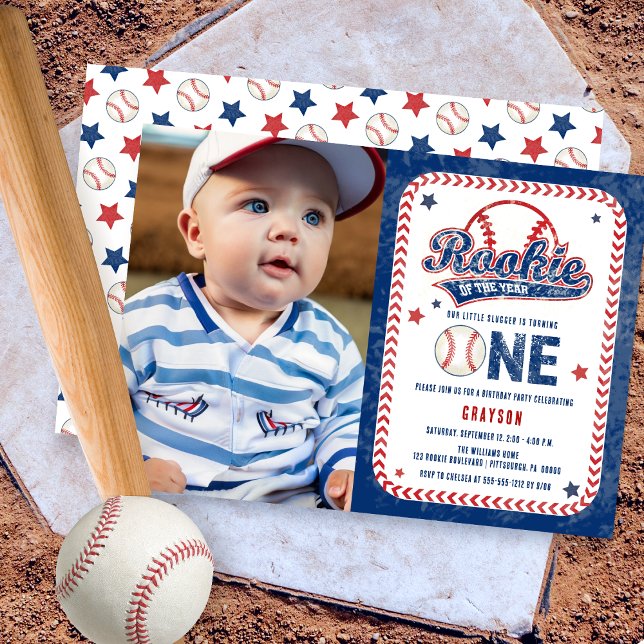 Invitación Fiesta de cumpleaños 1.ª foto del Frente Rookie de (Baseball Rookie of the Year Boy's 1st Birthday Party Photo Invitation)