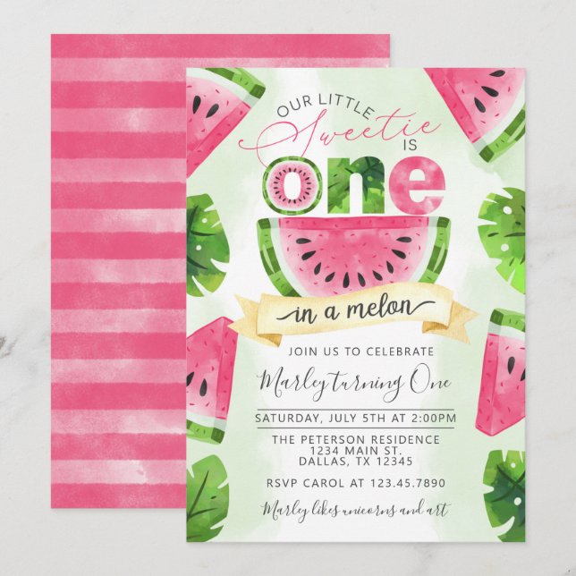 Invitación Fiesta de cumpleaños 1.ª sandía tropical (Anverso / Reverso)