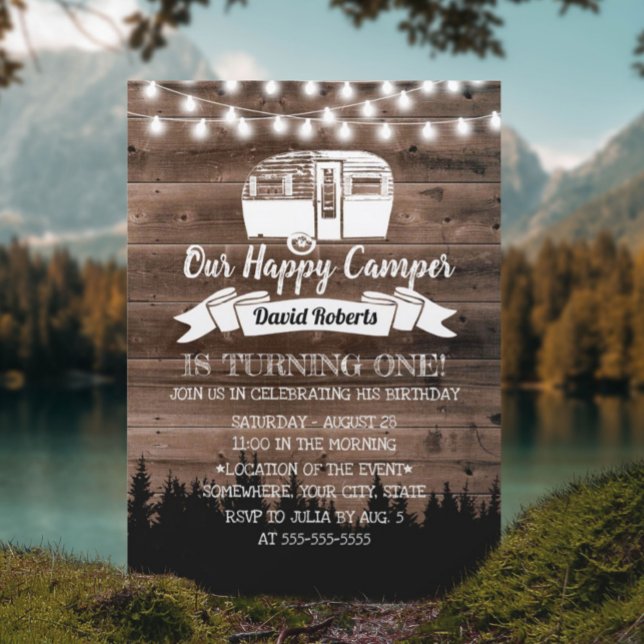 Invitación Fiesta de cumpleaños 1.ᵉʳ Camper feliz Bosque Rúst (Subido por el creador)