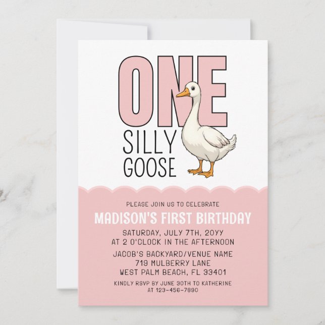 Invitación Fiesta de cumpleaños 1.ᵉʳ Pink One Silly Goose (Anverso)