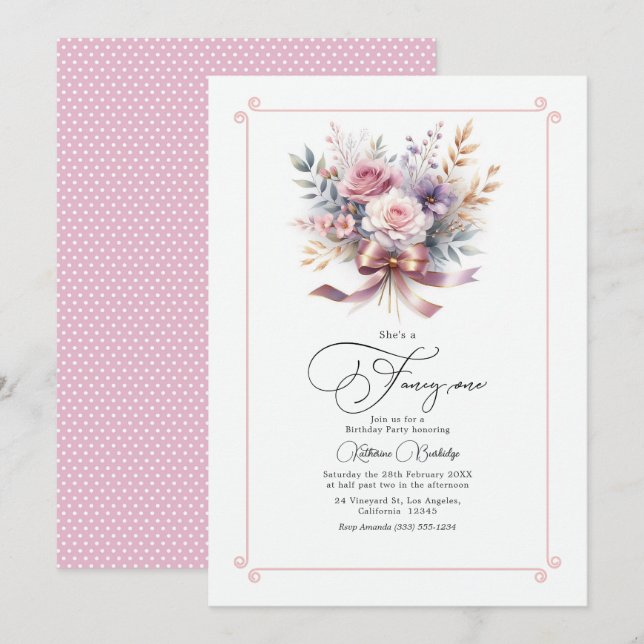 Invitación fiesta de cumpleaños 1 de Bow Floral (Anverso / Reverso)