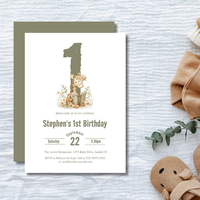Invitación Fiesta de cumpleaños 1 de jirafa verde salvia lind (Subido por el creador)