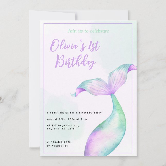 Invitación Fiesta de cumpleaños 1 de sirena (Anverso)
