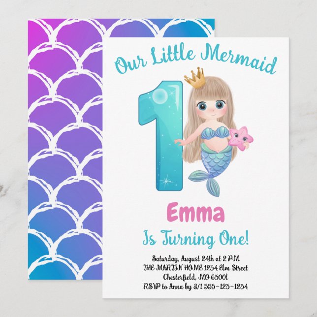 Invitación Fiesta de cumpleaños 1 de sirena (Anverso / Reverso)
