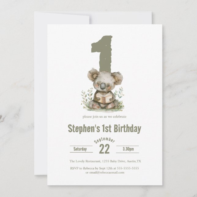 Invitación Fiesta de cumpleaños 1 Koala Verde Sage Adorable  (Anverso)