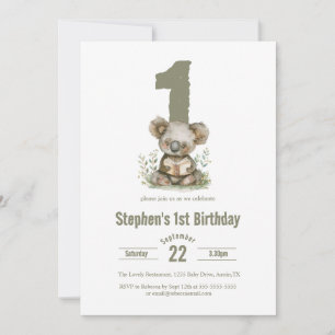 Invitación Fiesta de cumpleaños 1 Koala Verde Sage Adorable