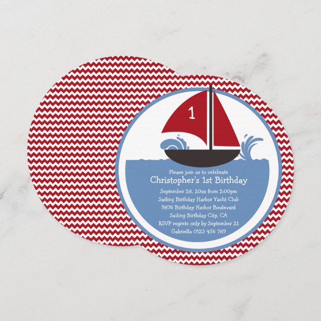 Invitación Fiesta de cumpleaños 1 Nautical Chevron Rojo moder (Anverso / Reverso)