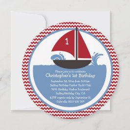 Invitación Fiesta de cumpleaños 1 Nautical Chevron Rojo moder