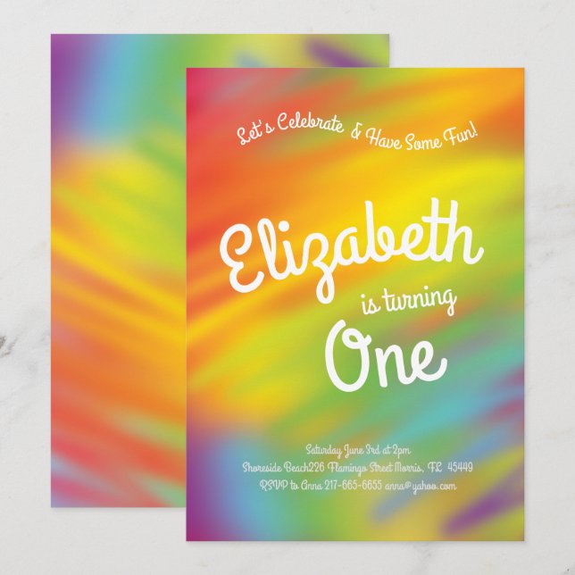 Invitación Fiesta de cumpleaños 1 niño con tinta de arcoiris (Anverso / Reverso)