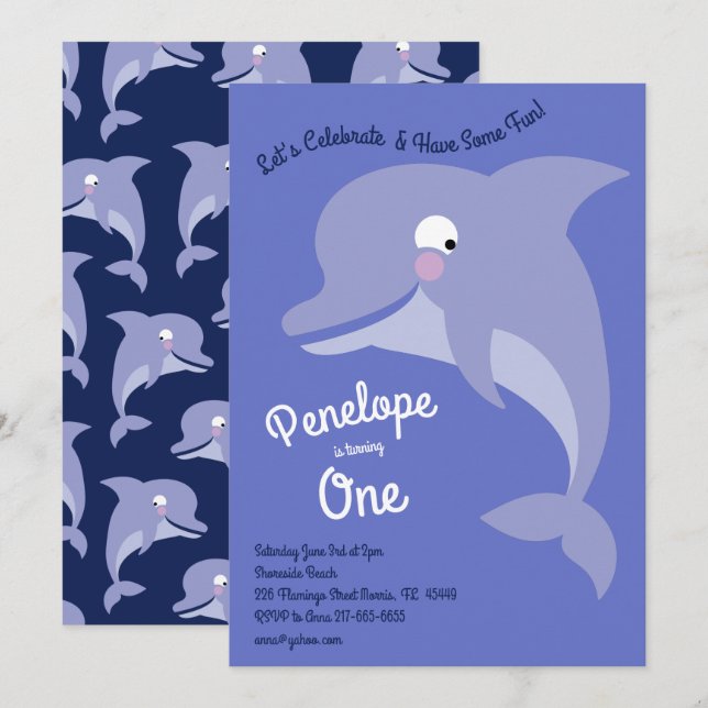 Invitación Fiesta de cumpleaños 1 niño delfín curado (Anverso / Reverso)