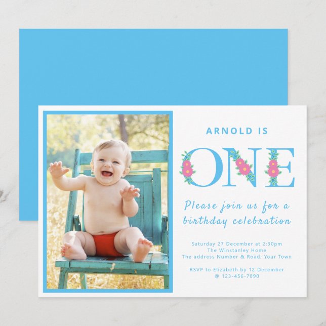 Invitación Fiesta de cumpleaños 1 niño foto azul (Anverso / Reverso)