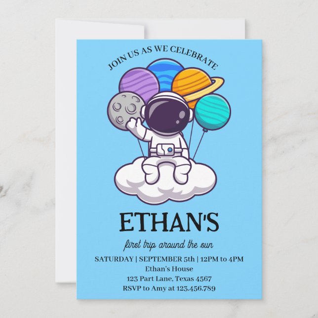 Invitación Fiesta de cumpleaños 1er año Niño Planetas Espacio (Anverso)