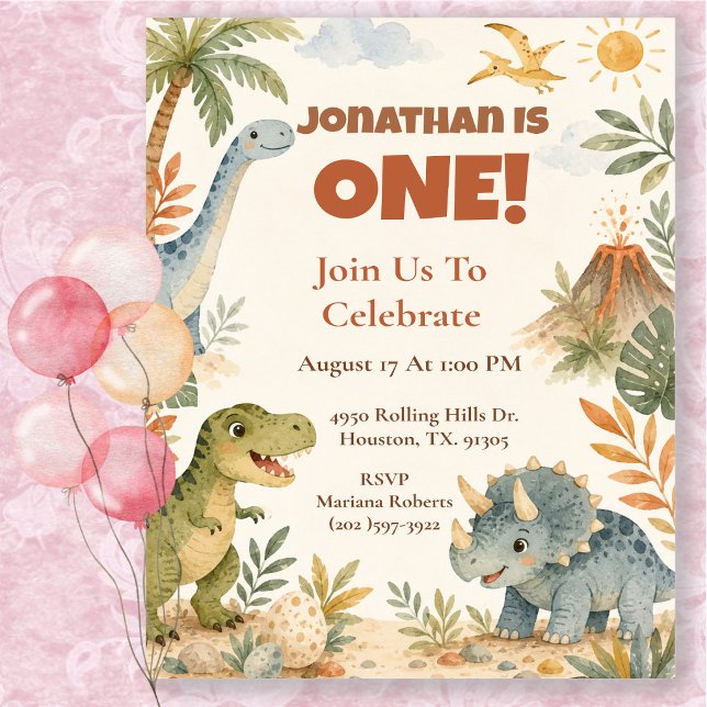 Invitación Fiesta de cumpleaños 1er con dinosaurio acuarela j (Subido por el creador)