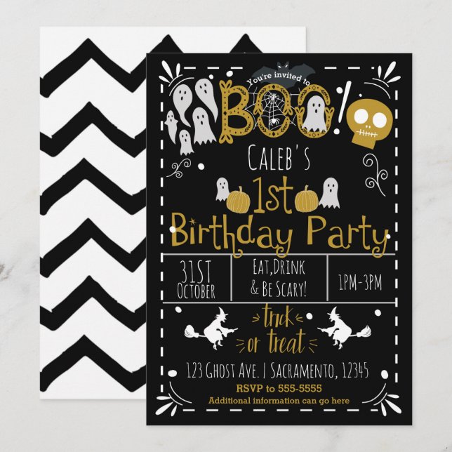 Invitación Fiesta de cumpleaños 1er de Halloween Moderna y ca (Anverso / Reverso)