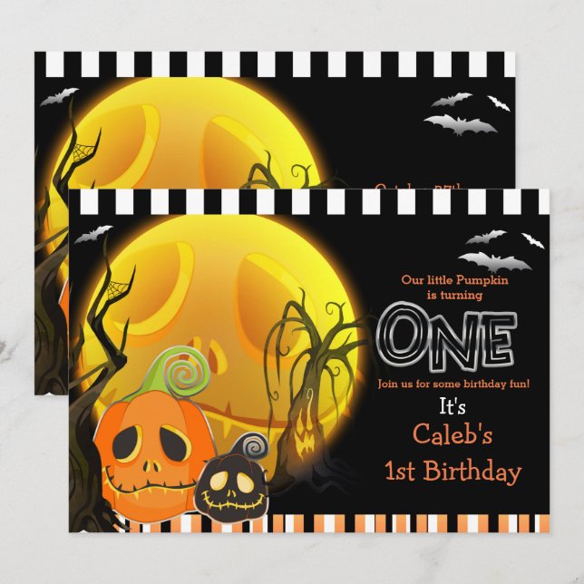 Invitación Fiesta de Cumpleaños 1er Halloween Calabazas Luz d (Anverso / Reverso)