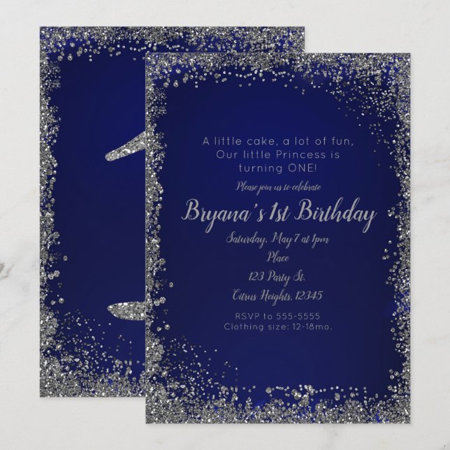Invitación Fiesta de Cumpleaños 1er Royal Blue Silver Glitter (Anverso / Reverso)