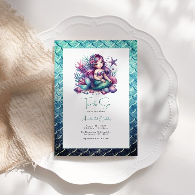 Invitación Fiesta de cumpleaños 2º “Dos al Mar” Sirena (“Two the Sea” Mermaid 2nd Birthday Party Invitation)