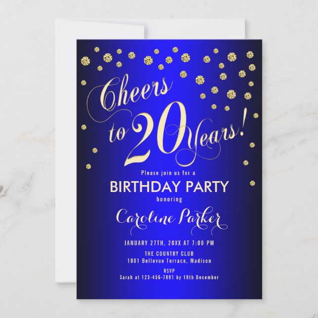 Invitación Fiesta de cumpleaños 20 - Azul real de oro (Anverso)