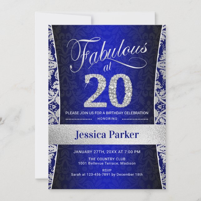 Invitación Fiesta de cumpleaños 20 - Azul real plateado (Anverso)