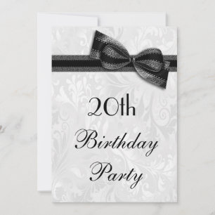 Invitación Fiesta de cumpleaños 20 Damask y lazo falso