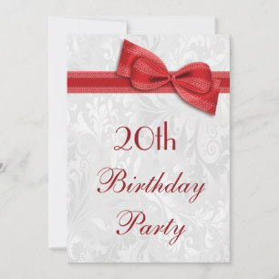 Invitación Fiesta de cumpleaños 20 Damask y lazo falso