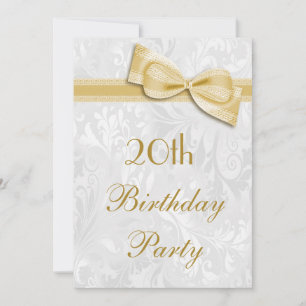 Invitación Fiesta de cumpleaños 20 Damask y lazo falso