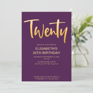 Invitación Fiesta de cumpleaños 20 Moderno Elegante Simple Pú