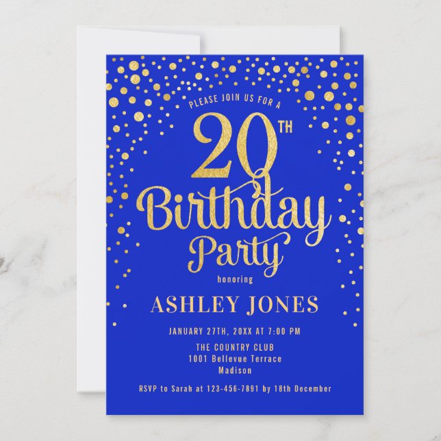Invitación Fiesta de cumpleaños 20 - Royal Blue & Gold (Anverso)