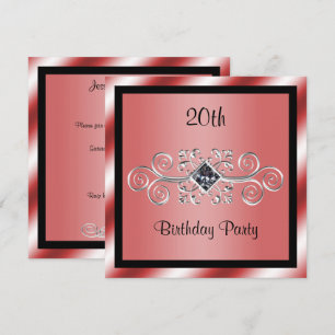 Invitación Fiesta de cumpleaños 20 Silver Swirls & Diamond